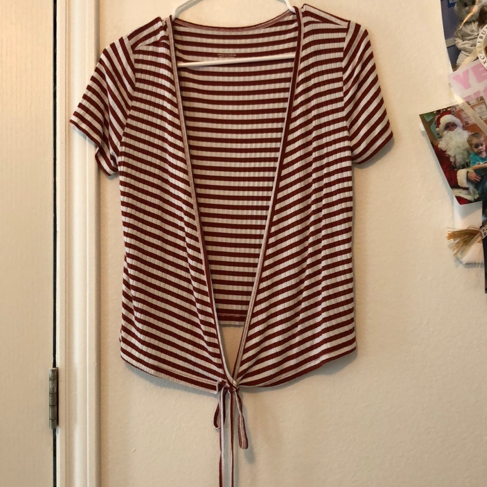 Burnt orange and white wrap shirt